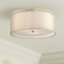 Possini Euro Design Modern Ceiling Light Semi Flush Mount Fixture 18" Wide Antique Brass 3-Light Champagne Organza Double Drum for Bedroom Kitchen