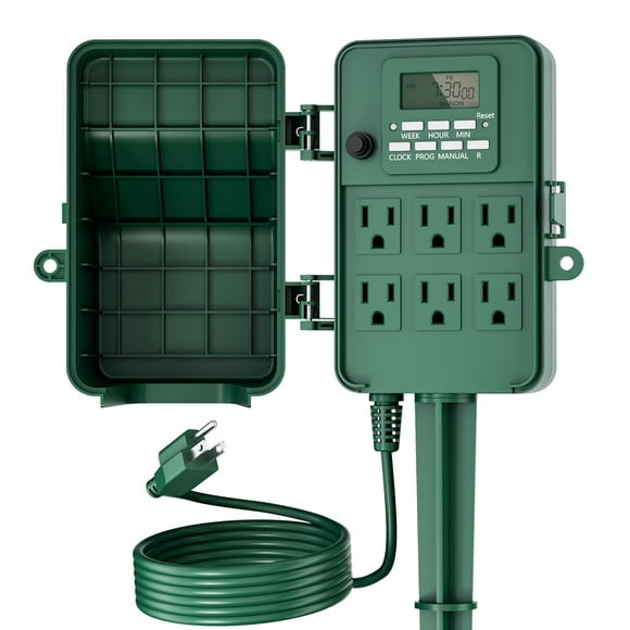 7 Day Heavy Duty Outdoor Digital Stake Timer, 6 Outlets, Weatherproof, Perfect for Outdoor Lights, Sprinklers, Christmas Lights