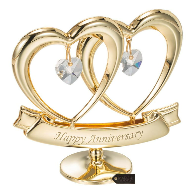 Matashi Gift for Couple - 24K Gold Plated Happy Anniversary Inscribed  Double Heart Table Top Ornament w/Clear Crystals - Wedding, Anniversary  Giftss