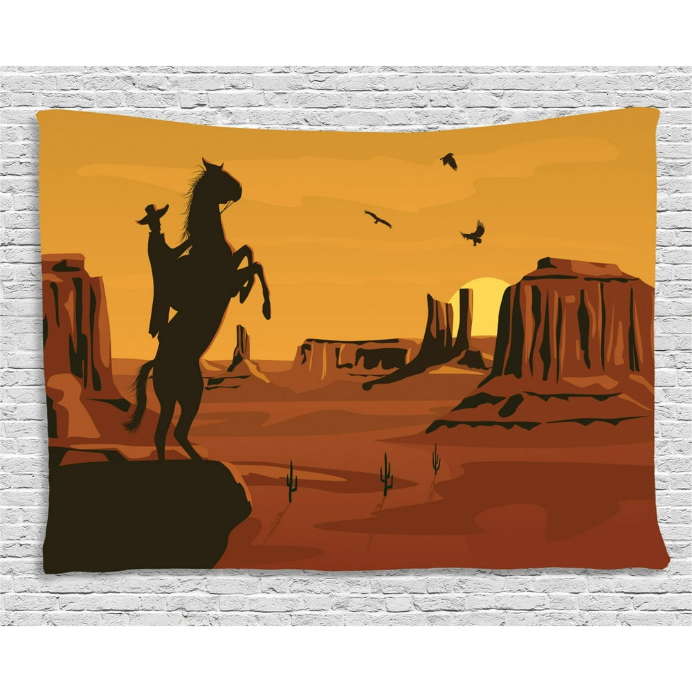 Western Tapestry, Cartoon Illustration of Wild West Scene Cowboy in