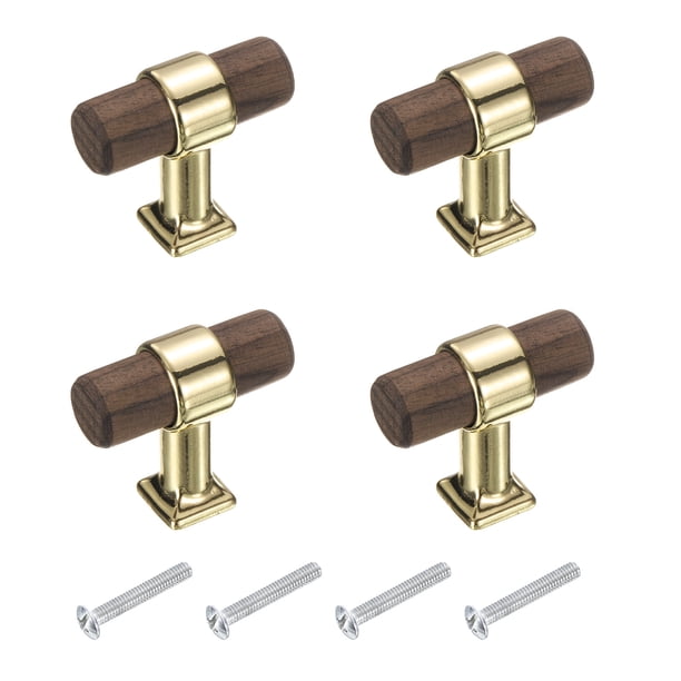 4 Pcs Tiradores de Cajón de Madera en Forma de T, Pomos de Cajón de Un Solo Agujero para Cocina y Hogar, Oro/Negro
