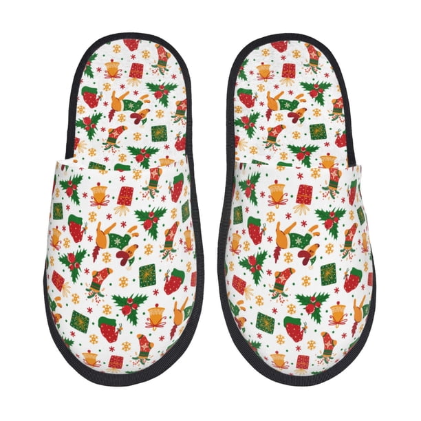 Fotbe Christmas Hat Cute Puppy Pantuflas Peludas para Mujer con Estampado, Zapatillas de Peluche, Zapatos de Invierno para Casa, Uso Interior y Exterior-Large