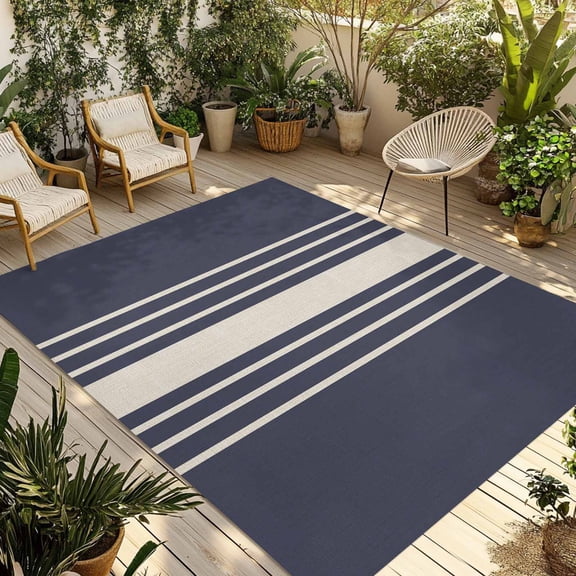 Beige Striped Outdoor Rug 5x8 Ft - Reversible Patio Rug Outdoor Camping Rugs, Midnight Blue Geometric Simple Retro Washable Indoor Outdoor Area Rugs, Non-Slip Outdoor Carpet Runner for Deck/Porch