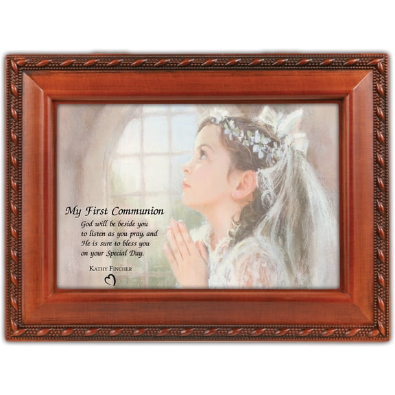 First Communion Girl Woodgrain Inspirational Music Box Plays Ave Maria