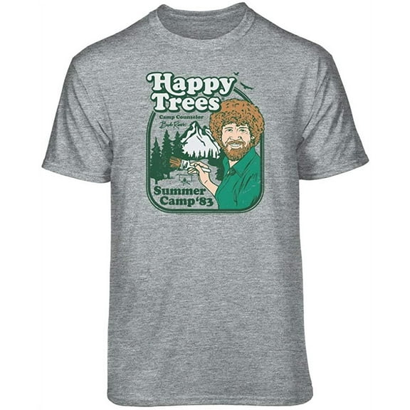 Teelocity Bob Ross Happy Trees Summer Camp Athletic Heather Short Sleeve Graphic Tee