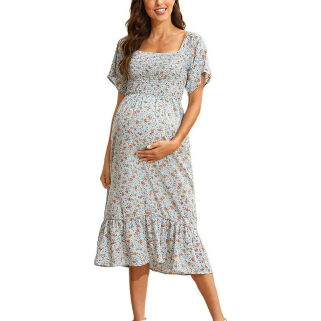 MEZZALL Robe Femme Florale à Encolure Carrée Robes Midi Robe de Maternité Enceinte Décontractée Robe Trapèze Longue Fluide à Smocks Mignonne Tenue Quotidienne TTG