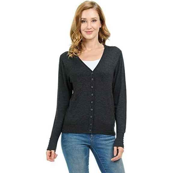 GAAM Button Down Cardigan Sweater for Women - V-Neck Charcoal XL