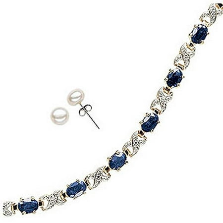 7.2 Carat T.G.W. Sapphire and Diamond Accent 14kt Gold-Plated Tennis Bracelet, 7.25, with Cultured Freshwater Pearl Stud Earrings