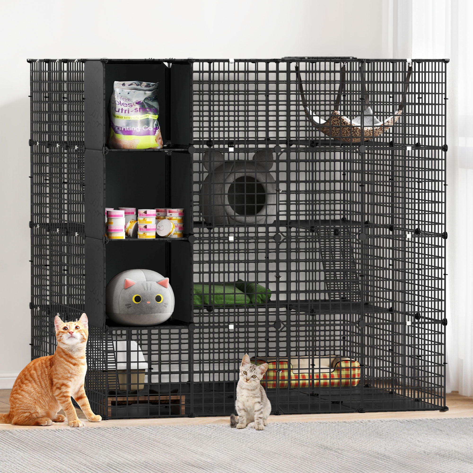 Uforic Large 4-Tier Cat Cage with Extra Large Hammock – Metal Playpen Cat Kennel for 1-4 Cats, Indoor DIY Cat Enclosure, Black, 55"L x 55"W x 55"H
