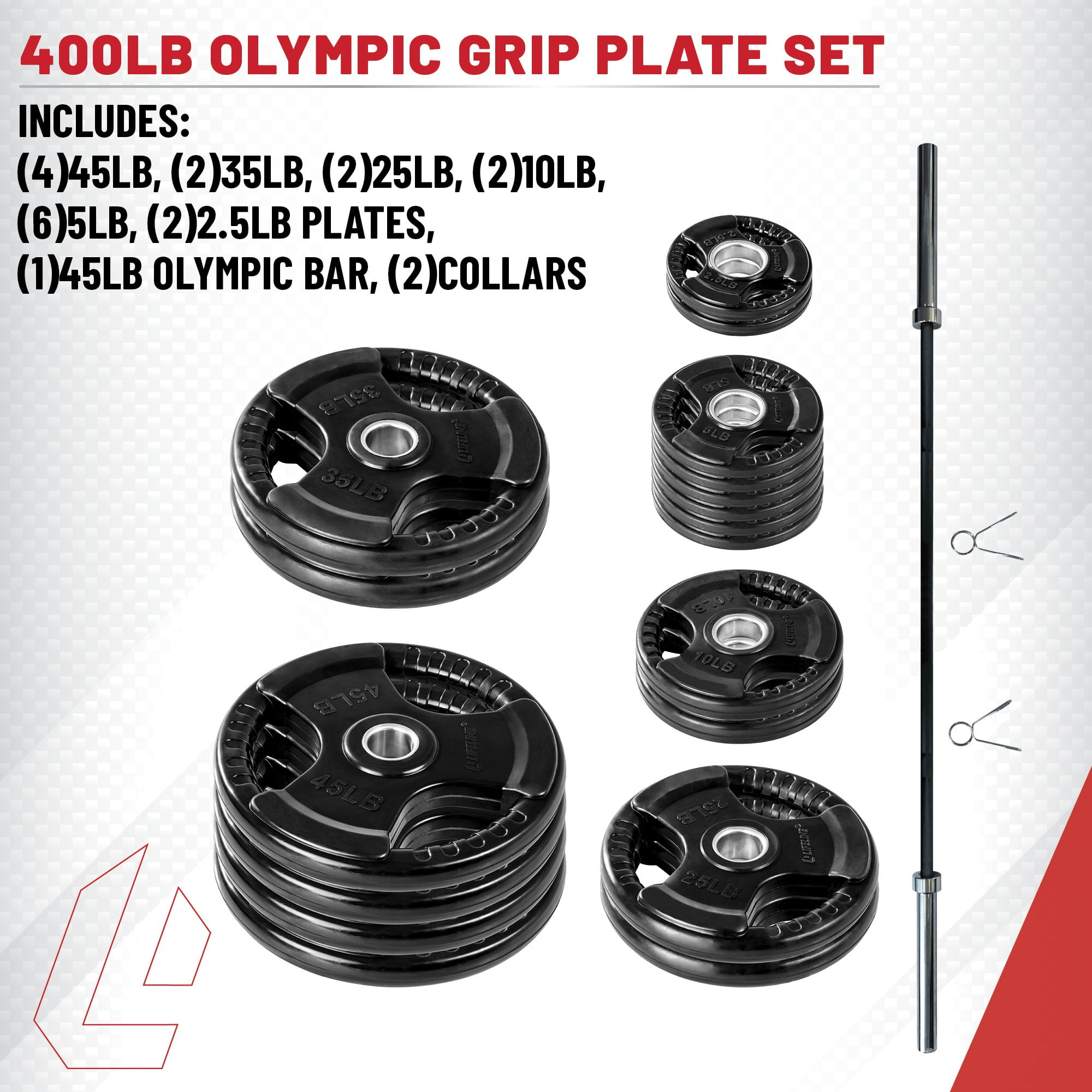 Lifeline Fitness 455 LB Olympic Weight Set - Rubber Coated Weight Plates for Olympic Barbells
