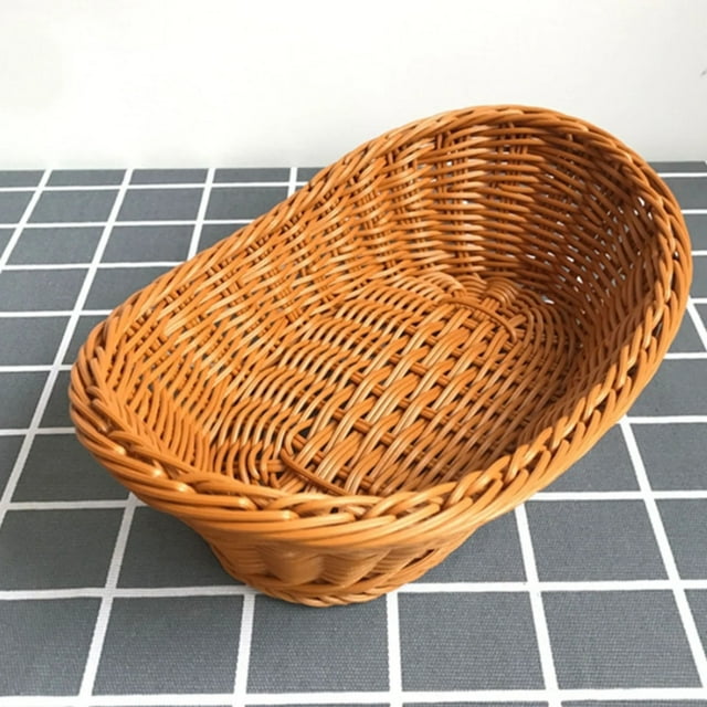 Woven Breads Baskets, Oval Small Fruit Baskets Stackable Plastic Wicker Baskets for Serving Vegetables, Kitchen, Restaurant, Outdoor, Imitation Rattan Brown, 7.48x5.11"