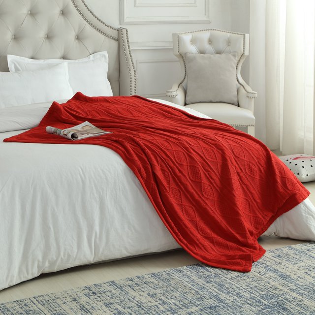 Cozy Tyme Kaipo Jeté en Tricot Torsadé Rouge - Fausse Fourrure de Lapin Réversible, Confortable, Extra Doux, 50 Pouces x 60 Pouces