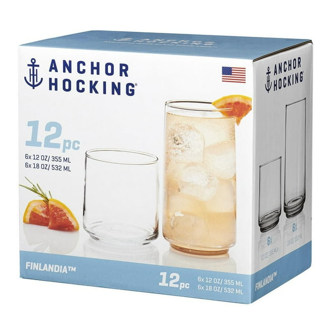 Box of Anchor Hocking 12-piece Finlandia drinkware set featuring six 12 oz and six 18 oz clear glasses, with images of the glasses filled with drinks and garnished.