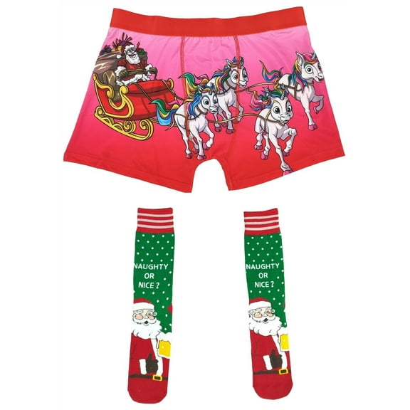 Mens Unicorn Rainbow Santa Claus Christmas Boxer Brief Underwear and Socks Xmas Combo