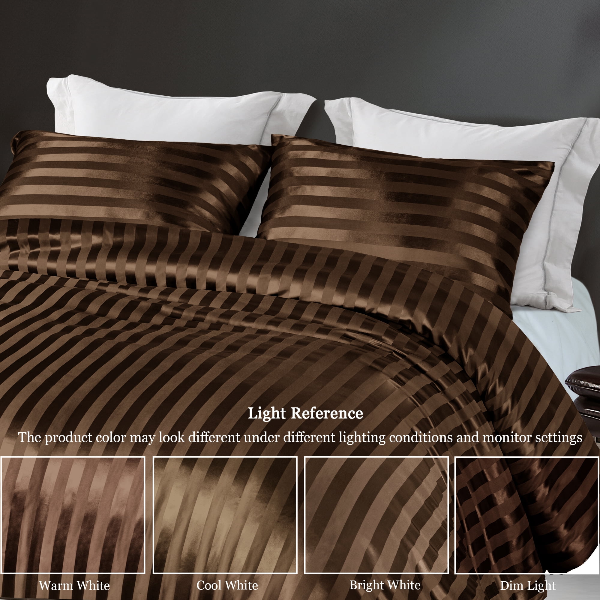 Whale Flotilla 3-Piece Luxury Stripe Satin Queen Size Comforter Set, Reversible Silky Soft Bedding Set with 2 Pillowcases, Lightweight All-Season Comforter, Brown