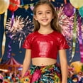 thumbnail image 2 of KKBOTIVE Girls Carnival Short Sleeve Sequin Shirts Party Glitter Sparkly Tops Casual Shimmer Tees for Kids Fashion Clothes, Red Size: 16-17 Years, 2 of 5