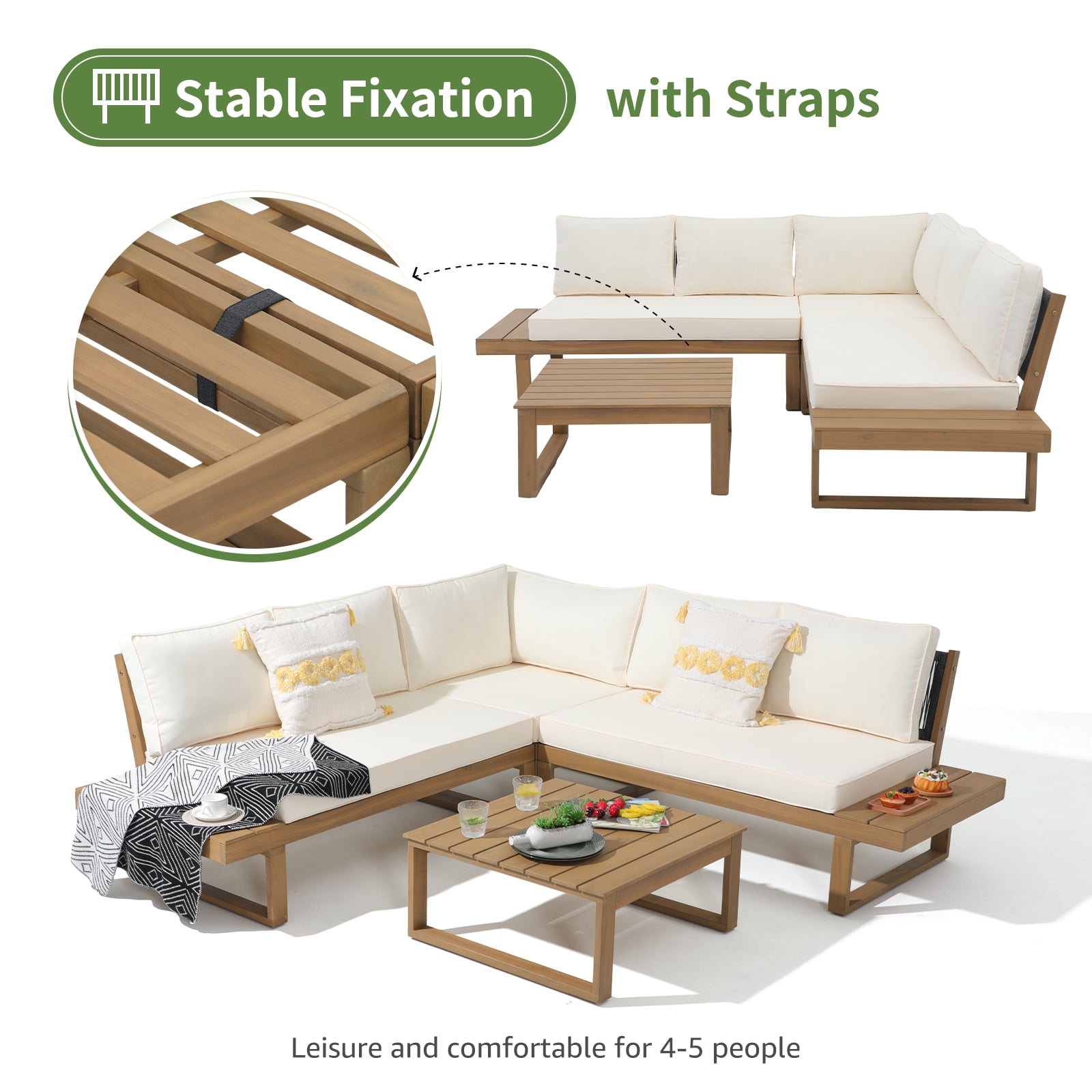 JOIVI Outdoor 4-Piece Acacia Wood Furniture Set, All-Weather Patio Sectional Sofa Set, Rope Lounge Couch with Wood Table, Cream White Cushion