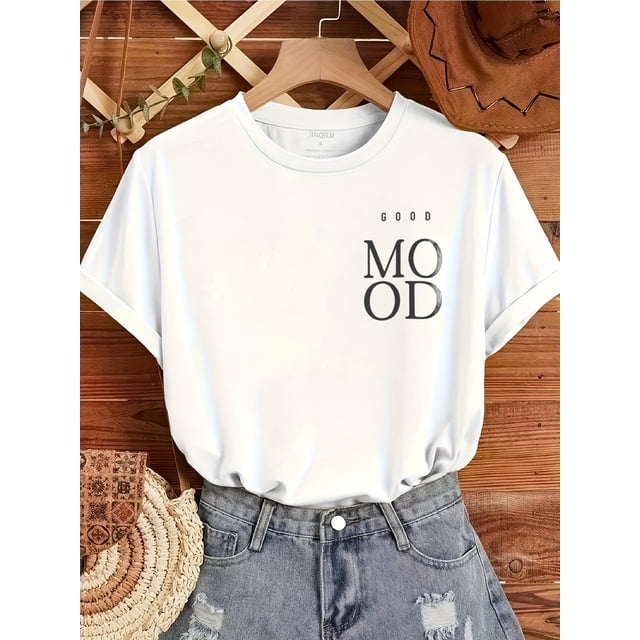 Women'S "Good Mood" Graphic Tee - Casual Short Sleeve Crew Neck T-Shirt with "GOOD MOOD" Print, Lightweight & Comfortable, Allseason Top|Casual Style|Medium Stretch Fabric, Regular Size Tee