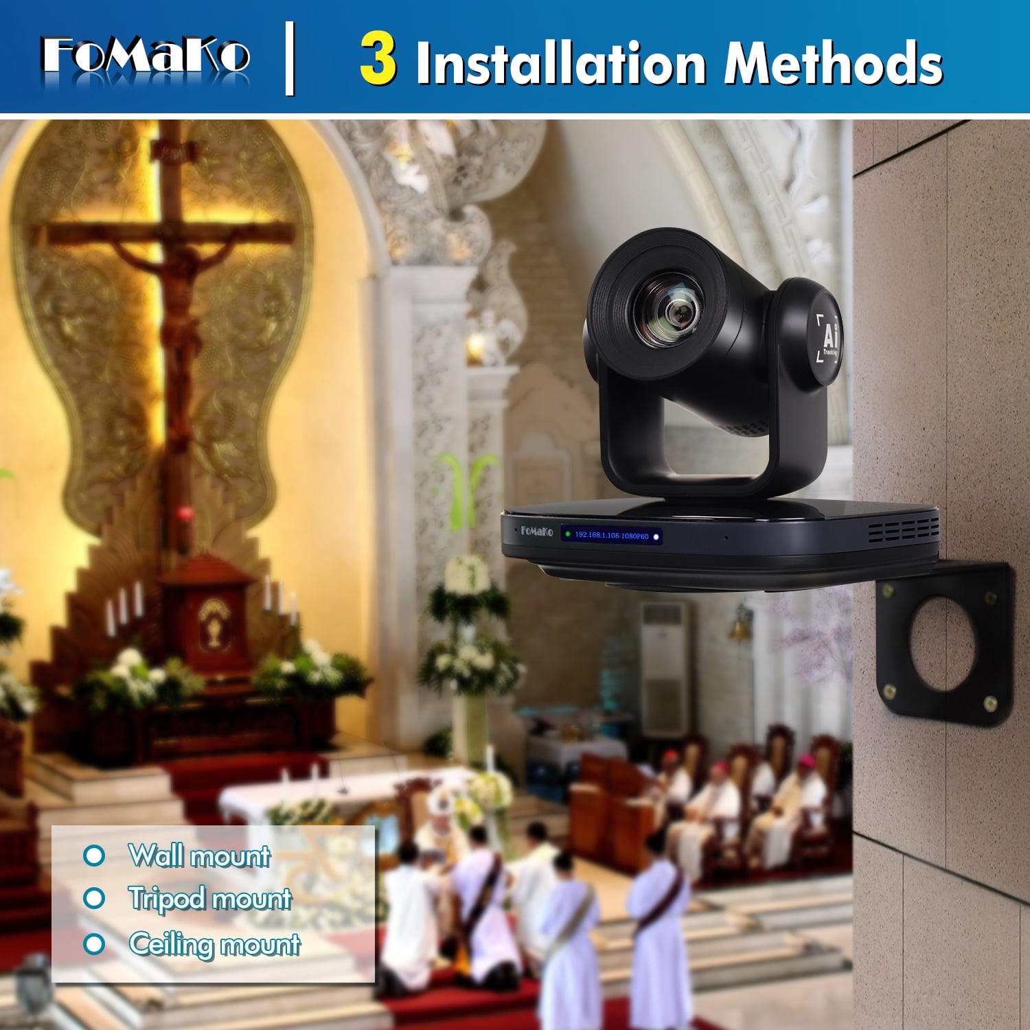 FoMaKo HDMI 1080P60 AI Auto-Tracking 20X video Camera Bundle ( K20x3+ KC608+KC601)