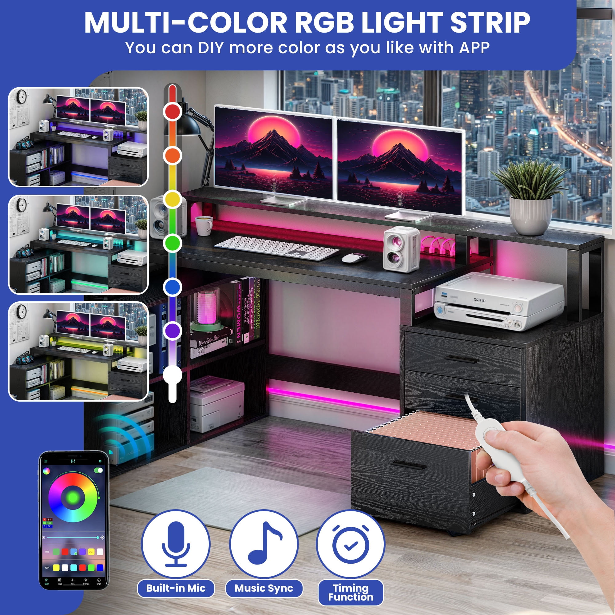 ModFusion 65" Home Office Desk with 3 Drawers & 4 Storage Shelves, L-Shaped Computer Desk with Power Outlets, LED Lights & Printer Stand, Black