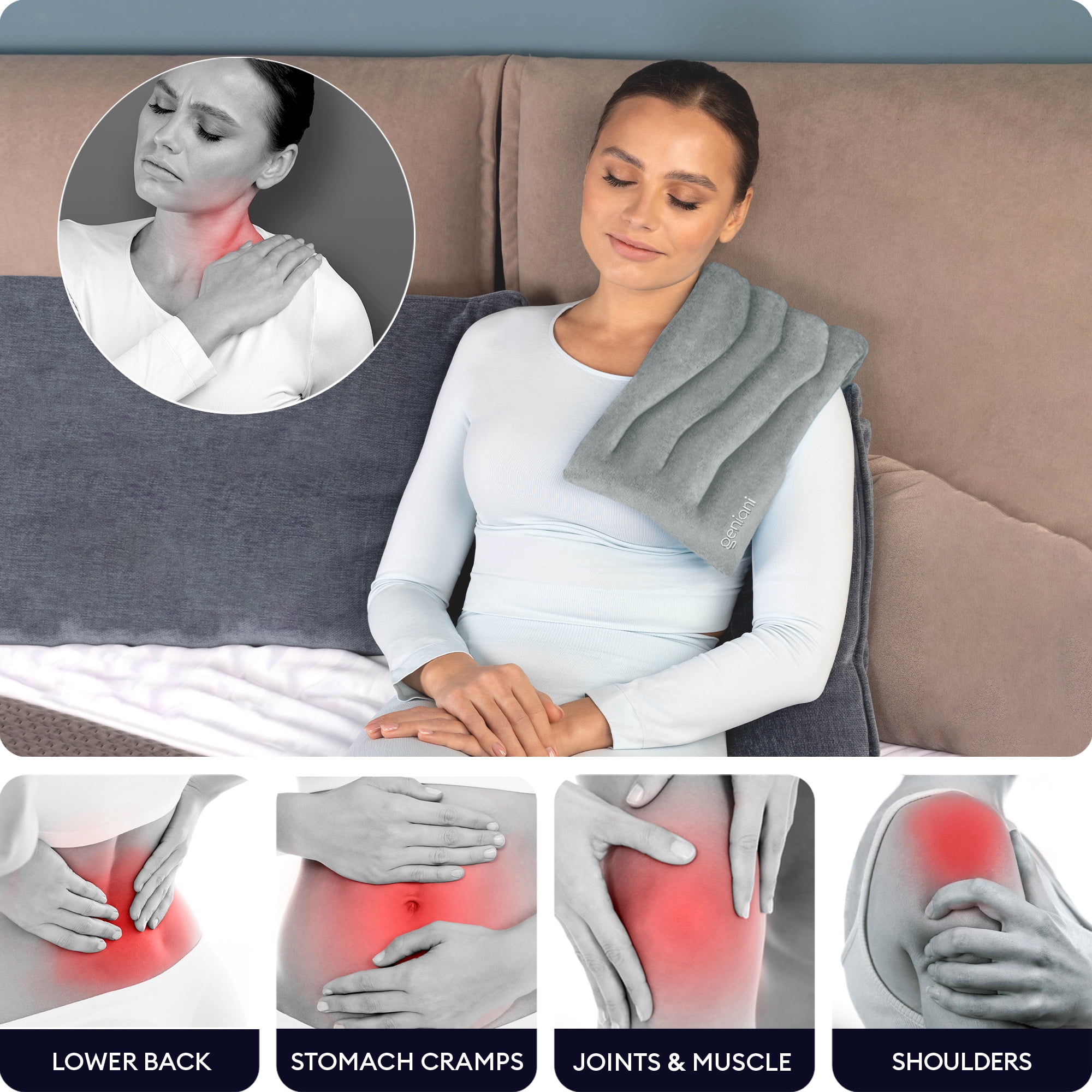 Geniani Microwavable Heating Pad for Neck, Shoulders & Back Relief – Cordless Hot & Cold Pad with Ultra-Soft Fabric for Pain & Muscle Comfort (8"×17", Space Gray)