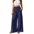 thumbnail image 2 of Women's High Waist Wide Leg Pants, Cotton Linen Flare Leg Palazzo Trousers with Pockets, Elastic Waist Casual Bell Bottom Pants for Daily Wear, Vacation and Boho Chic Outfits Navy XXL, 2 of 7