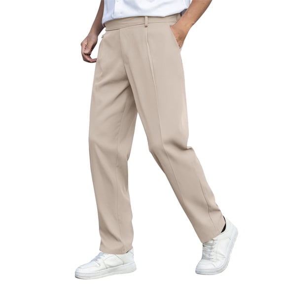 JUUYY Mens Dress Pants Wide Leg Pleat Front Long Pants Regular Fit High Waisted Button Zipper Fly Suit Trousers Business Work Pants Beige XL