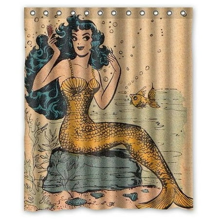 Shower Curtain Little Mermaid Ganma Vintage Vintage Mermaid Shower Curtain Polyester Fabric Bathroom Shower Curtain 66x72 inches ()