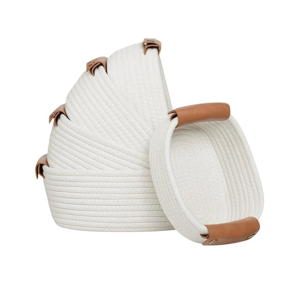 Storage Basket Set of 5, Natural Woven Cotton Rope Baskets for Shelves - Sturdy Foldable Storage Bins for Nursery, Bedroom, Bathroom, Closet And Farmhouse Decor