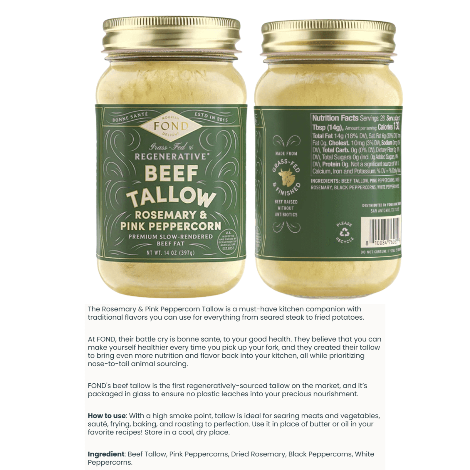 Fond Beef Tallow Rosemary and Pink Peppercorn Grass-Fed and Regenerative 2 Pack 14 oz