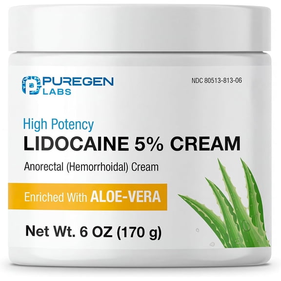 Puregen Labs Pain Relieving Numbing Cream with Lidocaine 5%, 6 oz