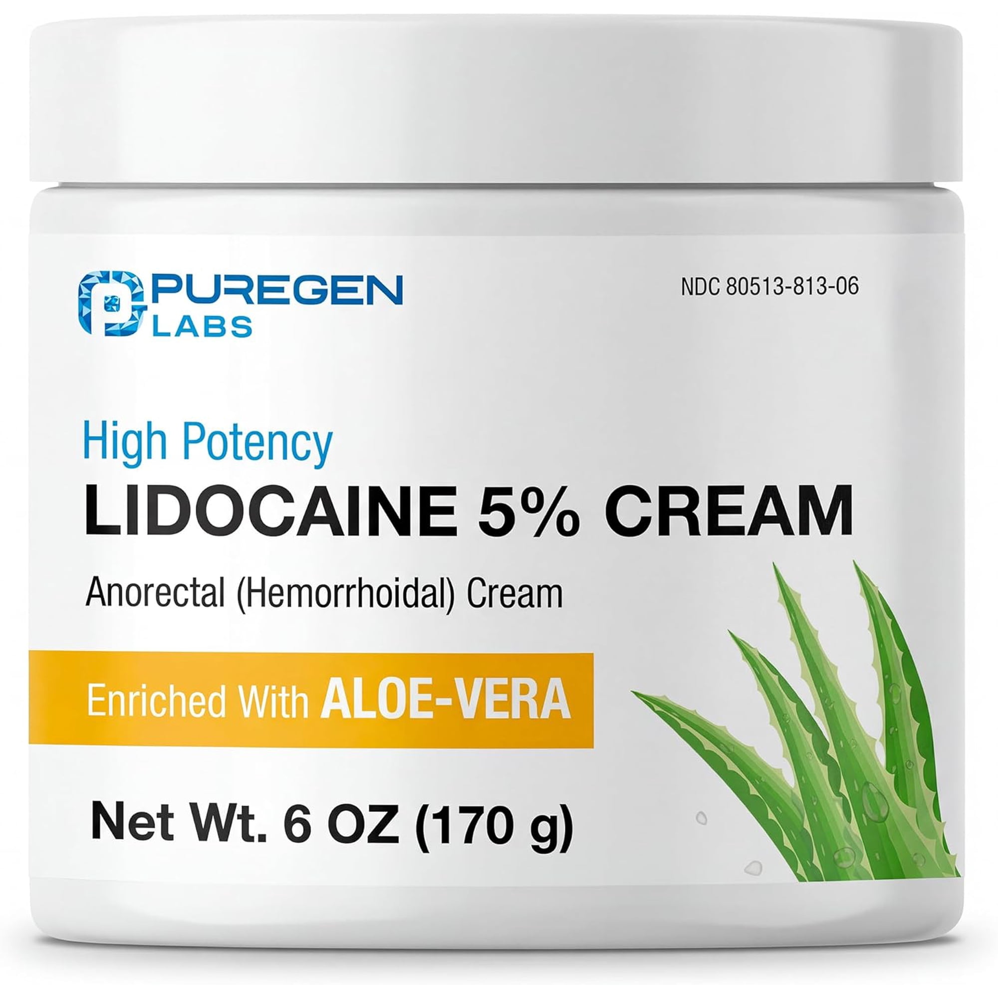 Puregen Labs Pain Relieving Numbing Cream with Lidocaine 5%, 6 oz