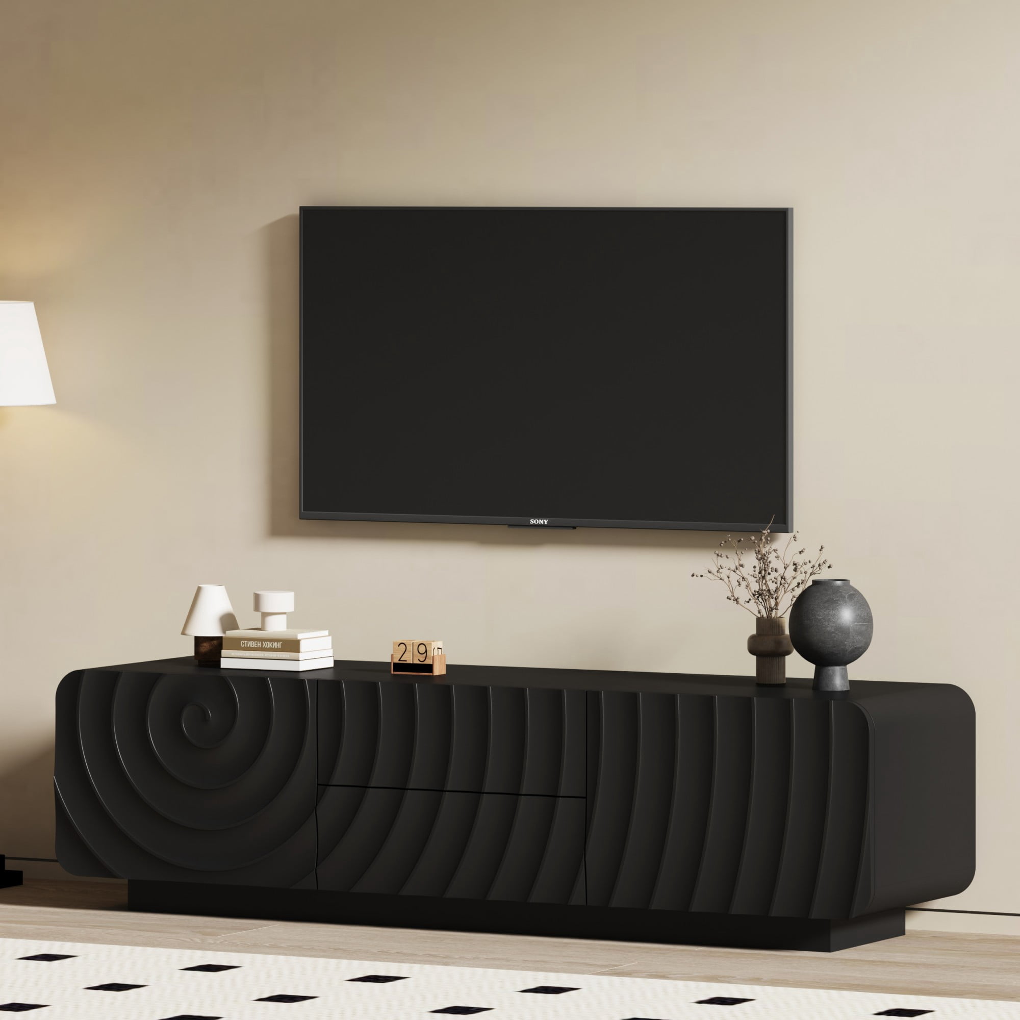 BSHTI 58"Wide Rustic Wood Long TV Stand with Storage Cabinet, 2 Drawers, Spiral Wave Design, Sturdy Legs for Living Room (Black)