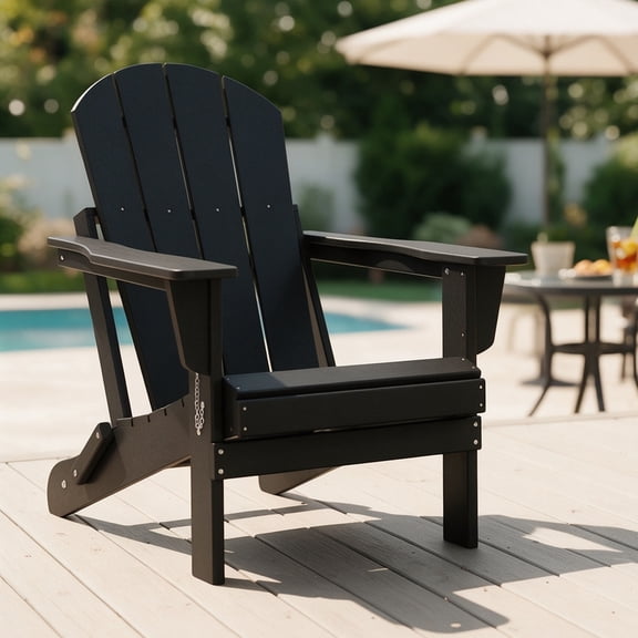 CostaElm Folding Adirondack Chair, All-Weather & Space-Saving HDPE Chair for Patio, Poolside, Deck & Graden, Black