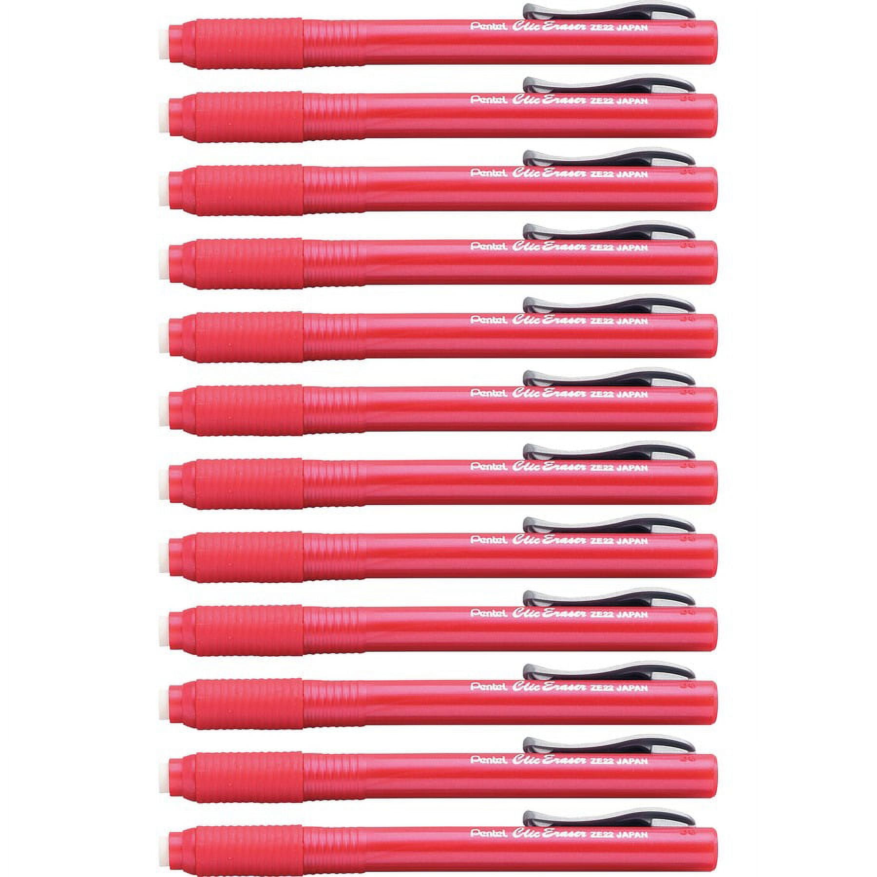 Pentel Rubber Grip Clic Eraser - Red - Pen - Refillable - 12 / Box - Tear Resistant, Latex-free Grip, Pocket Clip, Ghost Resistant, Scratch Resistant, | Bundle of 2 Boxes