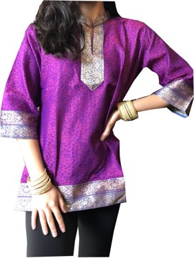 Mogul Women Tunic top Purple Cotton Silk Indian Fashion Bohemian Style Blouse Handmade Embroidered Ethnic Kurti M