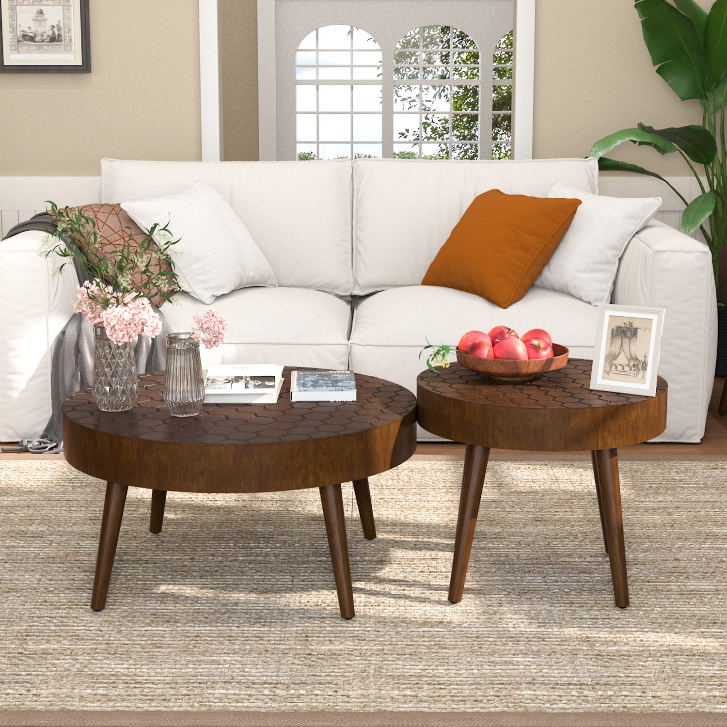 FOROUTIA Nesting Round Wood Coffee Table Set of 2,Morden Circle Side Table  for Living Room