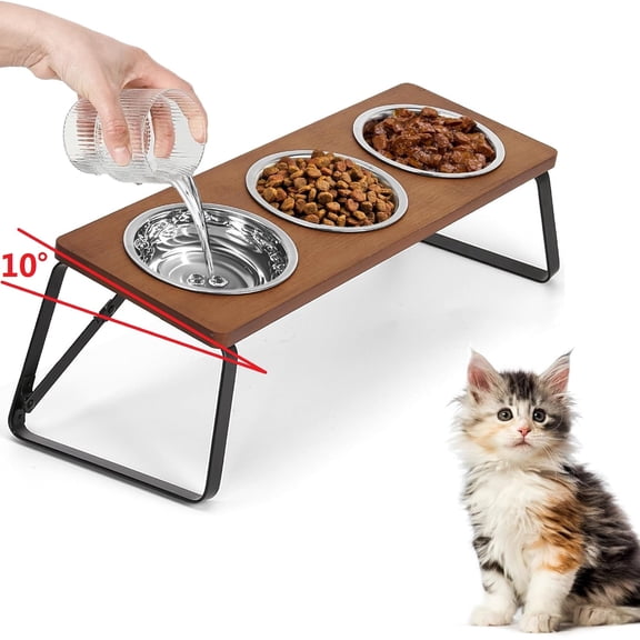 Flantor Elevated Cat Feeding Bowl Set with 10° Tilt, 3 Stainless Steel Bowls, Wood Frame and Foldable Metal Stand