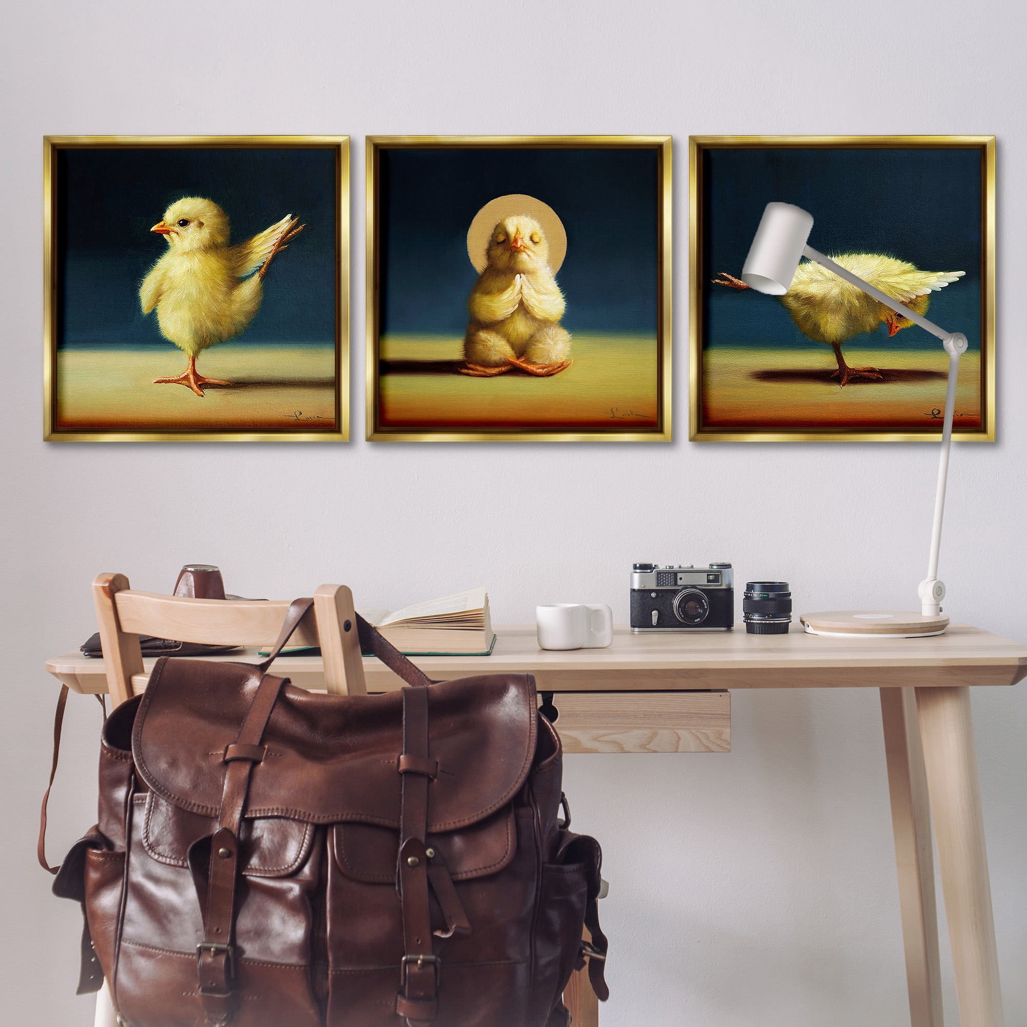 Stupell Industries Yoga Chick Trio Stretching Poses Animals & Insects Painting Gold Floater Framed Canvas Art Print Wall Art, 25 x 25, Set of 3
