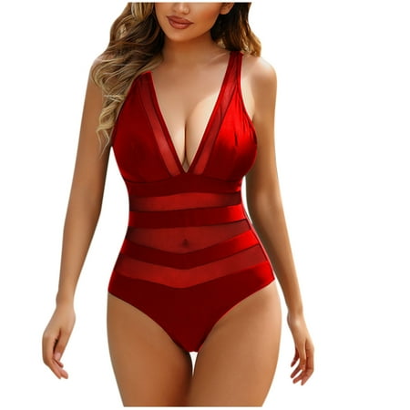 Virmaxy Women s Solid Color One-piece Swimsuit Sexy Backless Strappy Tankini Camisole Waist Cinching Swimwear With Bra Padded for Pool Party Vacation Red-4 M