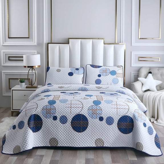 DBOZE Reversible Cotton Blend 3-Piece Embroidery Pattern Elegant Bedding Quilt Set with Embroidered Decorative Shams Soft Bedspread & Coverlet Set, King, Blue/White