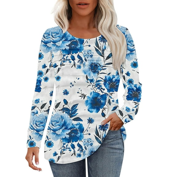 Up to 65% off Women's Spring/Summer New Floral Printed Round Neck Long Sleeve Top T-shirt