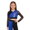 thumbnail image 2 of Eandarui Kids Girls Sequin Hip Hop Jazz Dance Crop Top Mesh Long Sleeve Cutout Back Color Block Sparkly Shirt Royal Blue 6, 2 of 5