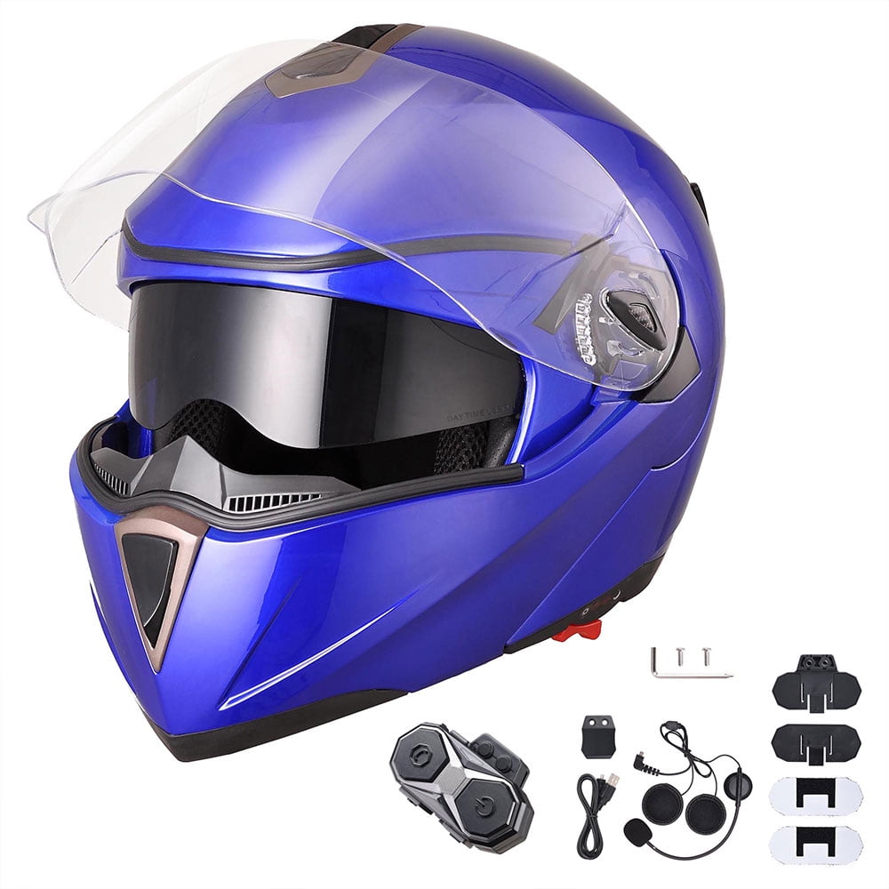 Motorcycle Bluetooth Helmets,Motorbike Modular Full Face Helmets Dual-Speaker Headset,Hands-Free Automatic Answering,DOT Approved Double Visor Helmet C,M