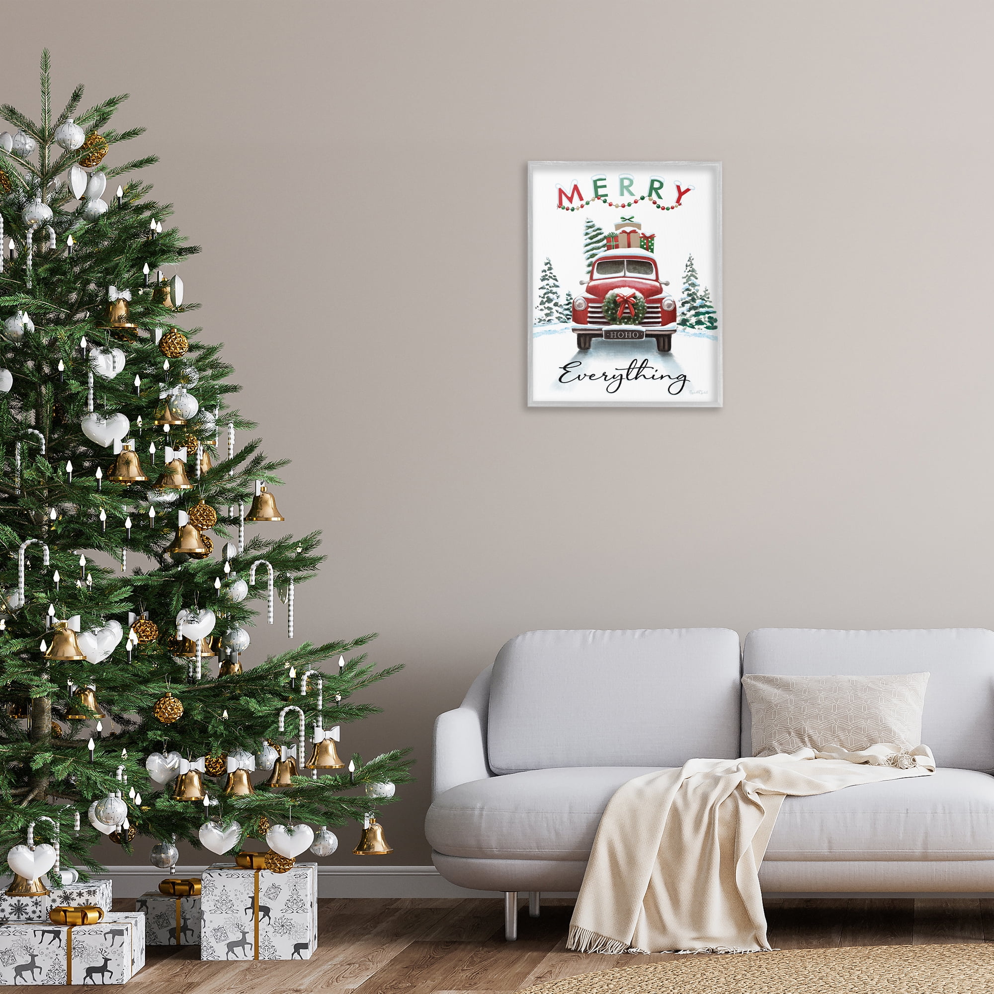 Stupell Industries Merry Everything Gift Car Holiday Painting Gray Framed Art Prints Wall Art, 24 x 30