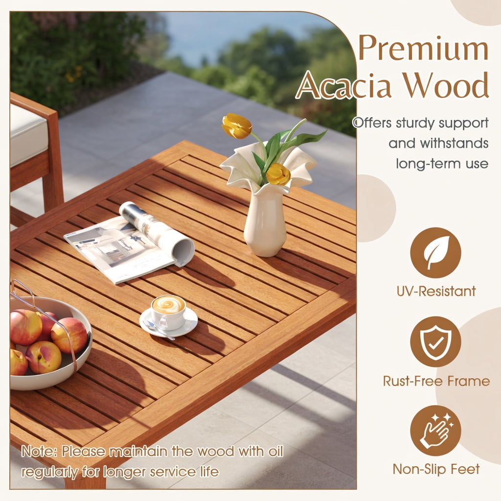 Hommoo 4-Piece Acacia Wood Outdoor Furniture Set, Wood Loveseat & Armchairs with Cushions, Coffee Table, Durable, Weather-Resistant Patio Set for Backyard, Porch & Poolside, White