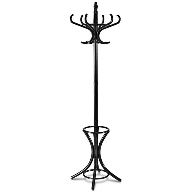 Giantex Coat Rack Free standing, Wooden Coat Rack Tree with 12 Hooks and Umbrella Stand, Entryway Hall Tree for Hats Clothes Handbags (Black)