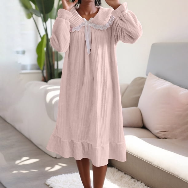 Levmjia Womens Winter Nightgown Long Sleeve Flannel Bow Princess Style Sleepwear Soft Warm Comfortable Night Dress For Home Relaxation Sleep