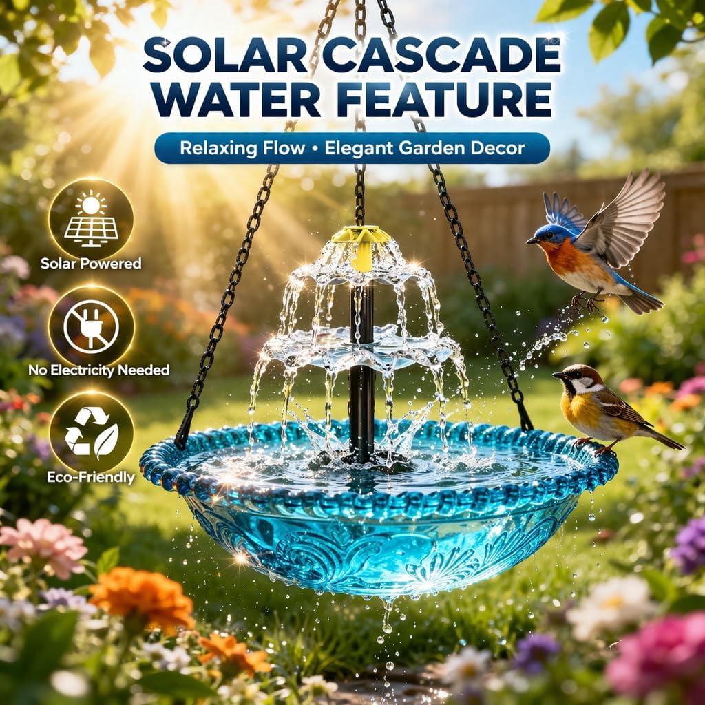 Solar Cascad Hanging Bird Bath Fountain, Powered Cascading Bath, Outdoor Fountains, with Fountain (Blue) Blue