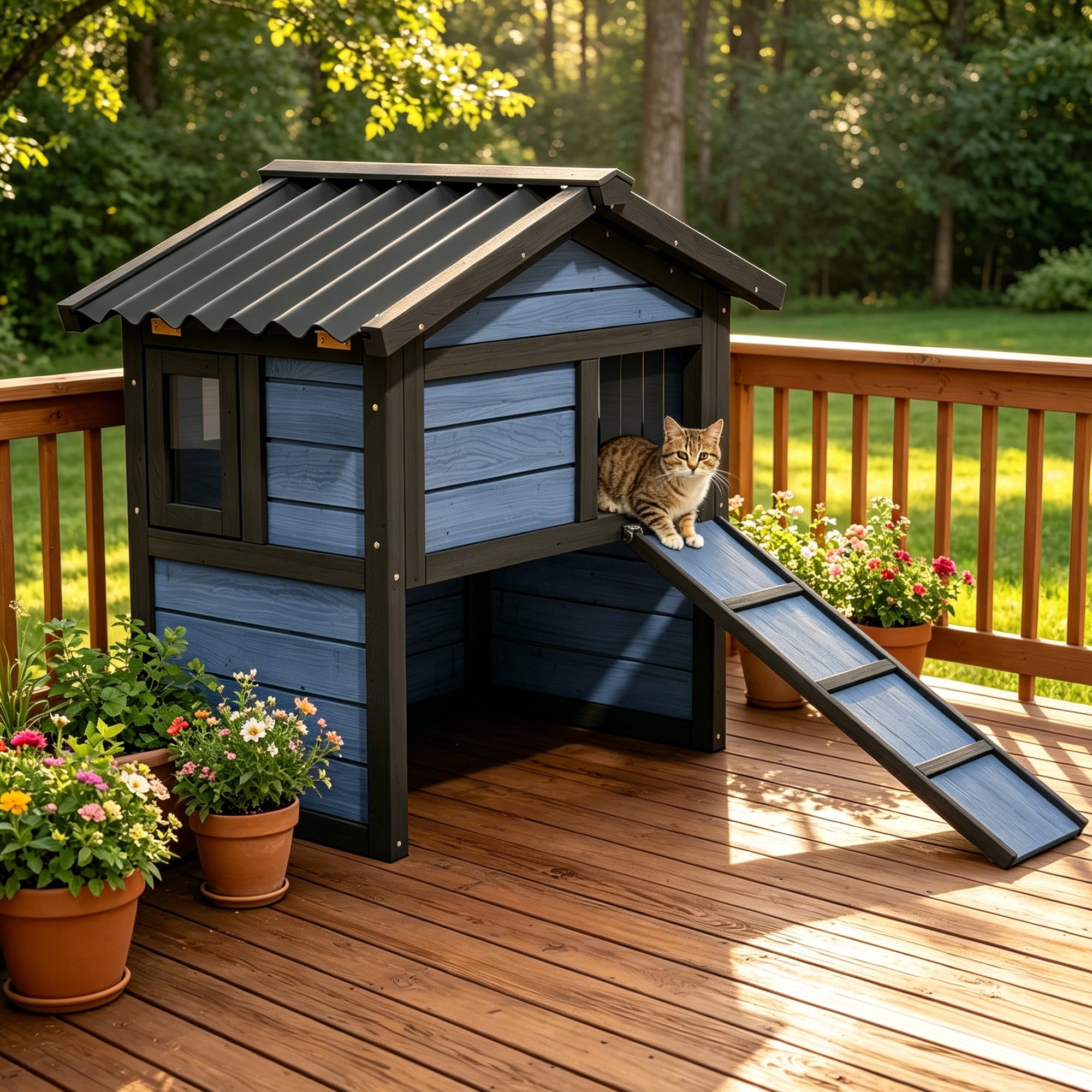 Cool Outdoor Cat House for Summer, Double-Layer Insulated Cat Shelter with Escape Window & Extended Ramp, Blue